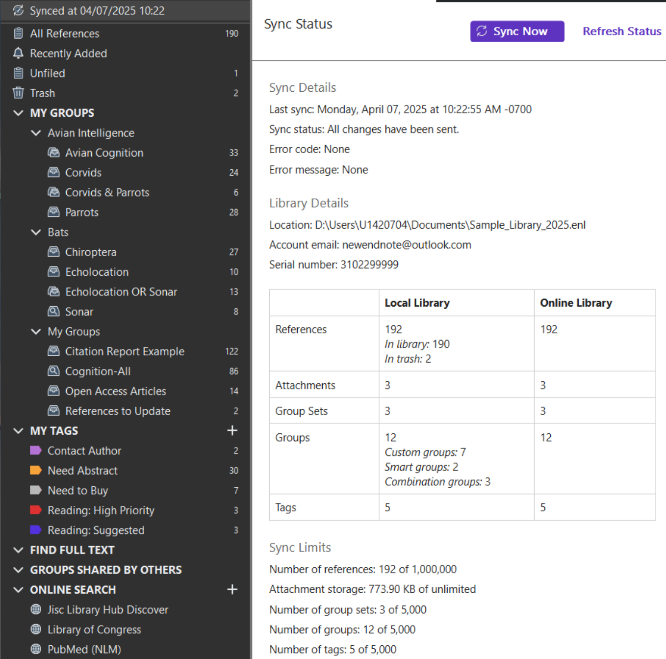 Image of the Library Status Dialog after the first sync
